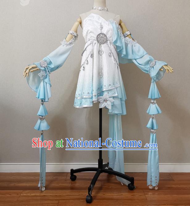 China Ancient Young Lady Light Blue Dress Outfits Traditional JX Online Clothing Cosplay Swordswoman Garment Costumes