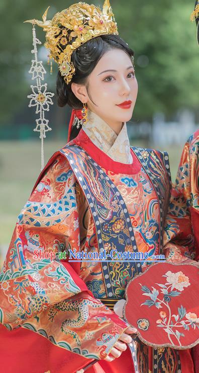 China Ancient Empress Garment Clothing Ming Dynasty Court Woman Red Hanfu Robe Traditional Wedding Historical Costumes