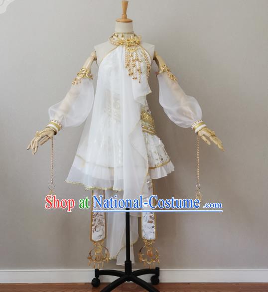 China Ancient Young Lady White Short Dress Outfits Traditional JX Online Female Swordsman Clothing Cosplay Fairy Garment Costumes