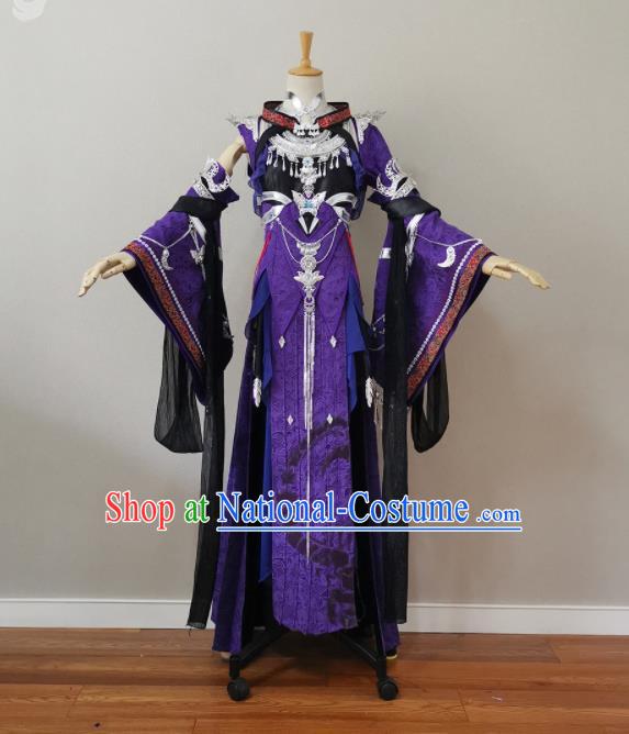 China Cosplay Heroine Garment Costumes Ancient Fairy Queen Purple Dress Outfits Traditional JX Online Swordswoman Clothing