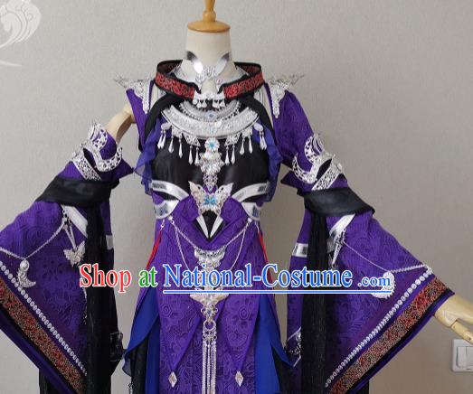 China Cosplay Heroine Garment Costumes Ancient Fairy Queen Purple Dress Outfits Traditional JX Online Swordswoman Clothing