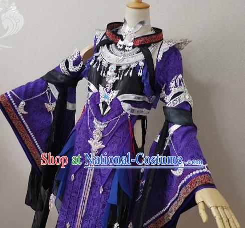 China Cosplay Heroine Garment Costumes Ancient Fairy Queen Purple Dress Outfits Traditional JX Online Swordswoman Clothing