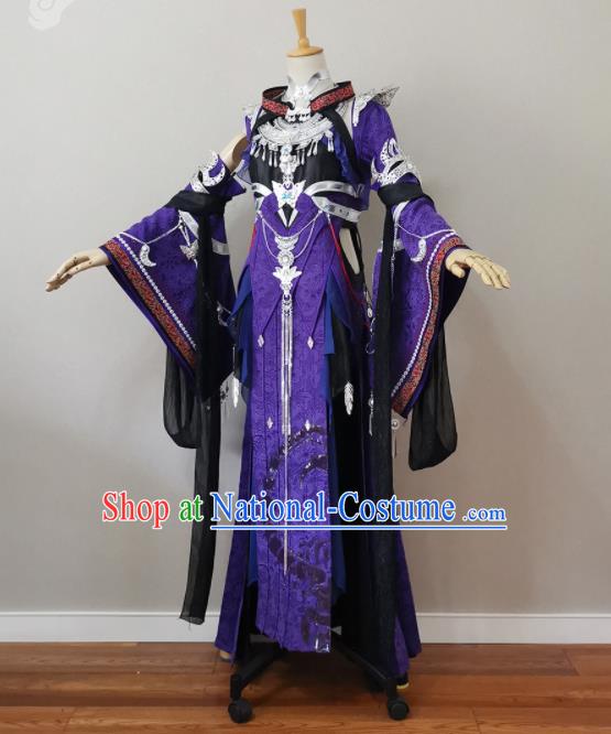 China Cosplay Heroine Garment Costumes Ancient Fairy Queen Purple Dress Outfits Traditional JX Online Swordswoman Clothing