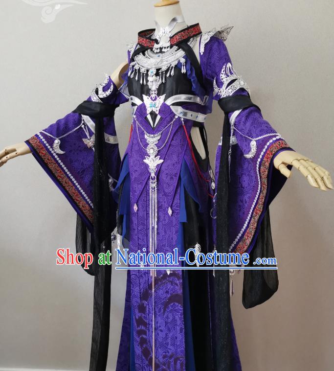 China Cosplay Heroine Garment Costumes Ancient Fairy Queen Purple Dress Outfits Traditional JX Online Swordswoman Clothing