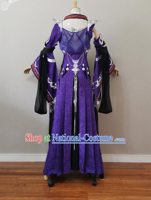 China Cosplay Heroine Garment Costumes Ancient Fairy Queen Purple Dress Outfits Traditional JX Online Swordswoman Clothing