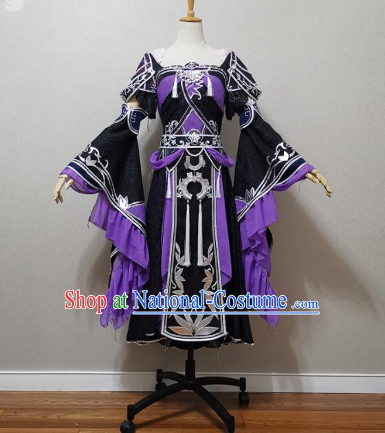 China Traditional JX Online Swordswoman Clothing Cosplay Heroine Garment Costumes Ancient Young Lady Black Dress Outfits