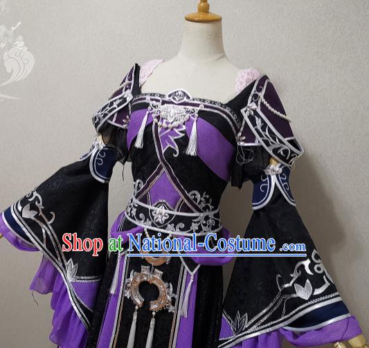 China Traditional JX Online Swordswoman Clothing Cosplay Heroine Garment Costumes Ancient Young Lady Black Dress Outfits