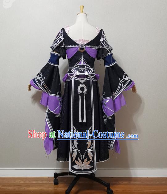 China Traditional JX Online Swordswoman Clothing Cosplay Heroine Garment Costumes Ancient Young Lady Black Dress Outfits