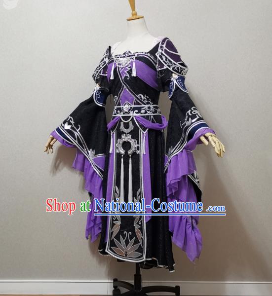 China Traditional JX Online Swordswoman Clothing Cosplay Heroine Garment Costumes Ancient Young Lady Black Dress Outfits