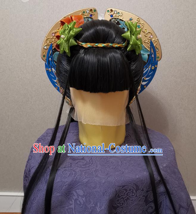 China Ancient Imperial Consort Wigs and Hairpins Headpieces Traditional Puppet Show Huan Ji Hair Accessories Cosplay Young Beauty Headdress