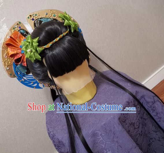 China Ancient Imperial Consort Wigs and Hairpins Headpieces Traditional Puppet Show Huan Ji Hair Accessories Cosplay Young Beauty Headdress