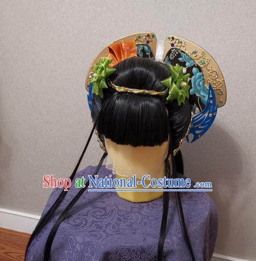 China Ancient Imperial Consort Wigs and Hairpins Headpieces Traditional Puppet Show Huan Ji Hair Accessories Cosplay Young Beauty Headdress