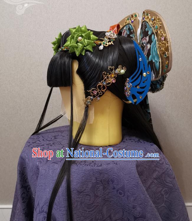 China Ancient Imperial Consort Wigs and Hairpins Headpieces Traditional Puppet Show Huan Ji Hair Accessories Cosplay Young Beauty Headdress