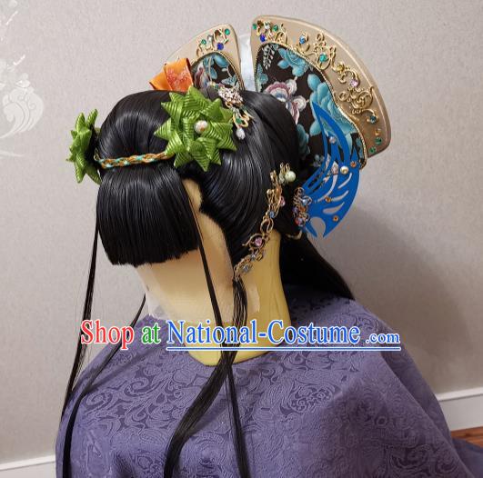 China Ancient Imperial Consort Wigs and Hairpins Headpieces Traditional Puppet Show Huan Ji Hair Accessories Cosplay Young Beauty Headdress