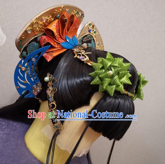 China Ancient Imperial Consort Wigs and Hairpins Headpieces Traditional Puppet Show Huan Ji Hair Accessories Cosplay Young Beauty Headdress