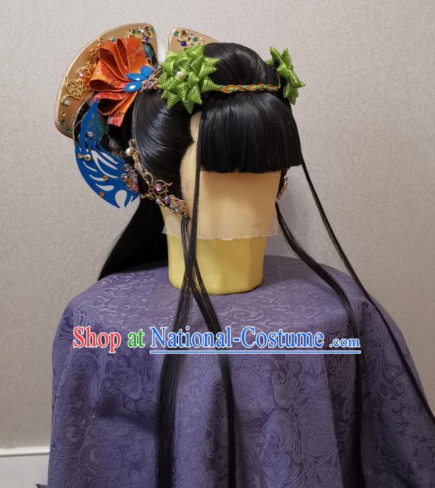 China Ancient Imperial Consort Wigs and Hairpins Headpieces Traditional Puppet Show Huan Ji Hair Accessories Cosplay Young Beauty Headdress