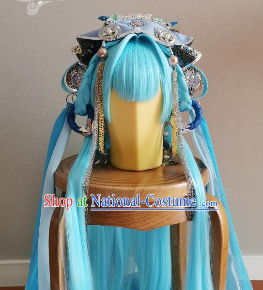 China Traditional Puppet Show Swordswoman Hair Accessories Cosplay Fairy Princess Headdress Ancient Young Lady Blue Wigs and Hair Crown Headpieces