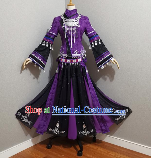 Professional China Ancient Young Beauty Purple Dress Outfits Traditional Ethnic Princess Clothing Cosplay Female Swordsman Garment Costumes