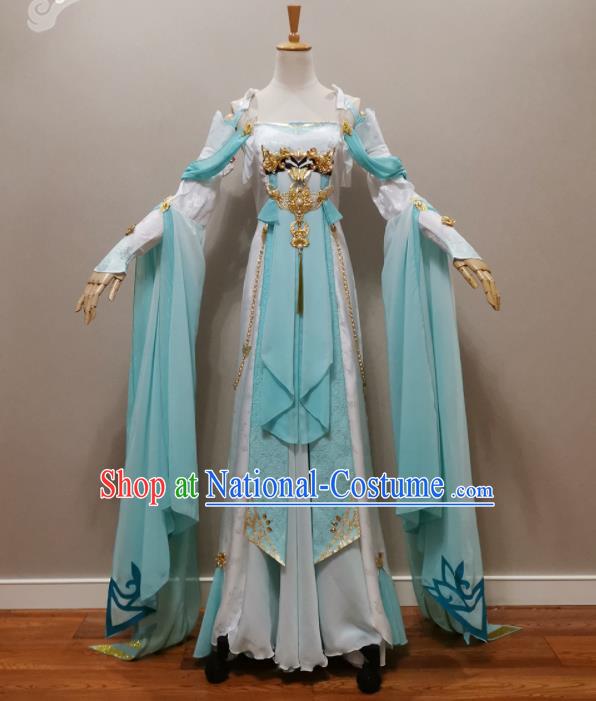 Professional China Ancient Princess Blue Dress Outfits Traditional Flying Fairy Clothing Cosplay Goddess Garment Costumes