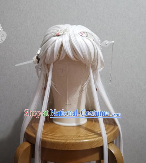 China Cosplay Young Beauty Headdress Ancient Fairy Princess White Wigs and Hairpins Headpieces Traditional Puppet Show Swordswoman Hair Accessories