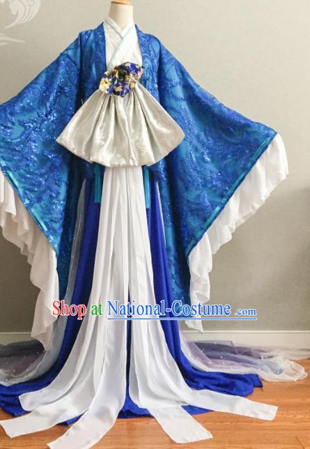 China Ancient Young Beauty Blue Dress Outfits Traditional Empress Clothing Cosplay Queen Garment Costumes