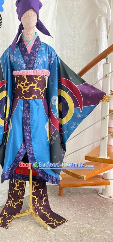 Professional Japanese Young Warrior Garment Costumes Printing Blue Robe Traditional Kimono Clothing