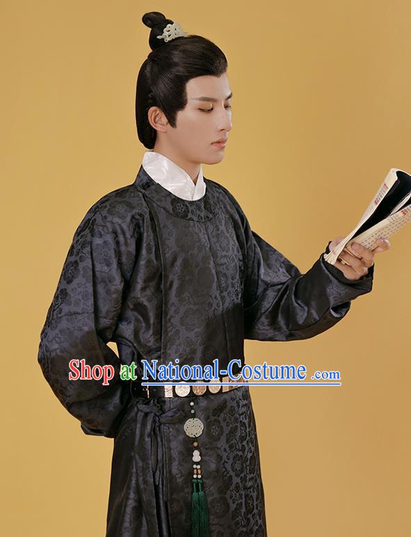 China Traditional Hanfu Black Round Collar Robe Song Dynasty Scholar Historical Clothing Ancient Young Childe Garment Costume