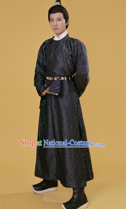 China Traditional Hanfu Black Round Collar Robe Song Dynasty Scholar Historical Clothing Ancient Young Childe Garment Costume