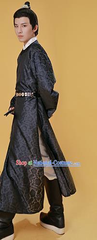 China Traditional Hanfu Black Round Collar Robe Song Dynasty Scholar Historical Clothing Ancient Young Childe Garment Costume