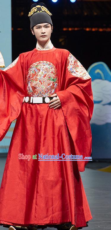 China Ming Dynasty Emperor Historical Clothing Ancient Royal King Garment Costume Traditional Embroidered Red Hanfu Robe