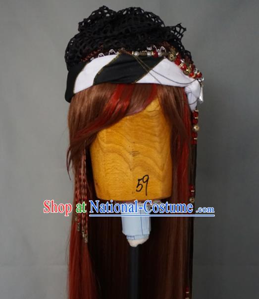 China Cosplay Swordswoman Headdress Ancient Heroine Brown Wigs and Headpieces Traditional Puppet Show Female Warrior Hair Accessories