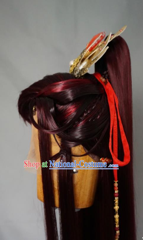 Chinese Cosplay Knight Red Front Lace Wigs and Hair Crown Traditional Puppet Show Swordsman Yi Guichen Hairpieces Handmade Ancient Prince Headdress