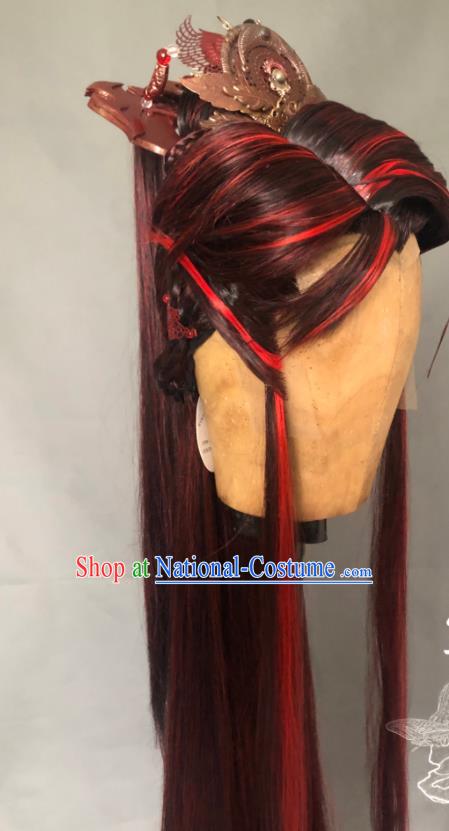 Chinese Handmade Ancient Royal King Headdress Cosplay Monarch Red Wigs and Hair Crown Traditional Puppet Show Swordsman Hairpieces