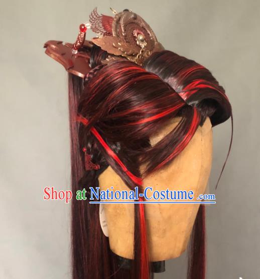 Chinese Handmade Ancient Royal King Headdress Cosplay Monarch Red Wigs and Hair Crown Traditional Puppet Show Swordsman Hairpieces