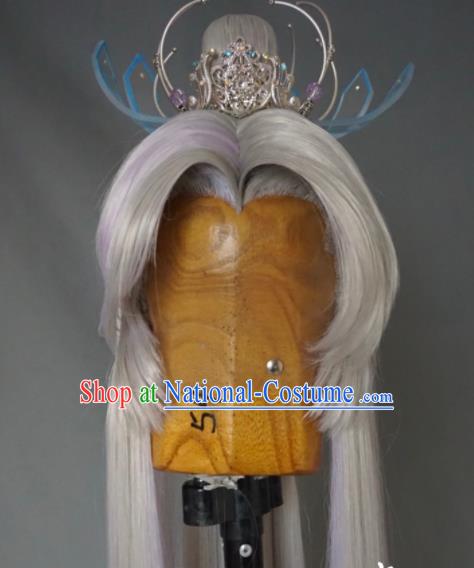 Chinese Traditional Puppet Show Swordsman Ren Piaomiao Hairpieces Handmade Ancient Elderly Male Headdress Cosplay Taoist Priest White Wigs and Hair Crown