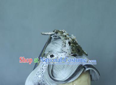 China Cosplay Fairy Queen Headdress Ancient Swordswoman Gray Wigs and Hair Crown Headpieces Traditional Puppet Show Taoist Nun Hair Accessories