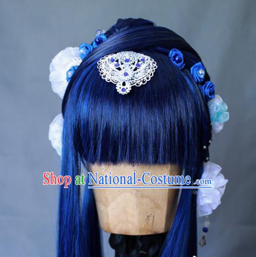 China Traditional Puppet Show Fairy Hair Accessories Cosplay Swordswoman Headdress Ancient Princess Blue Wigs and Hairpins Headpieces