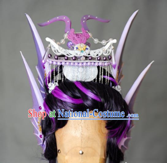 Chinese Handmade Ancient Swordsman Headdress Cosplay Dragon King Purple Wigs and Hair Crown Traditional Puppet Show Beiming Fengyu Hairpieces