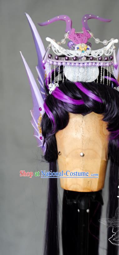 Chinese Handmade Ancient Swordsman Headdress Cosplay Dragon King Purple Wigs and Hair Crown Traditional Puppet Show Beiming Fengyu Hairpieces