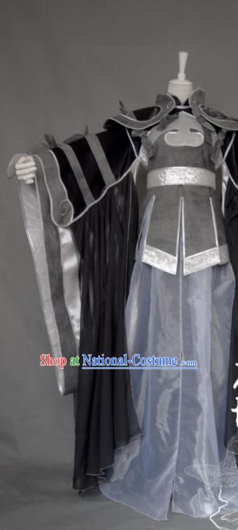 China Cosplay Swordswoman Garment Costumes Ancient Female General Grey Dress Outfits Traditional Puppet Show Hanfu Clothing