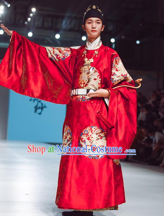 China Traditional Hanfu Red Imperial Robe Ming Dynasty Emperor Historical Clothing Ancient Royal King Garment Costume for Men