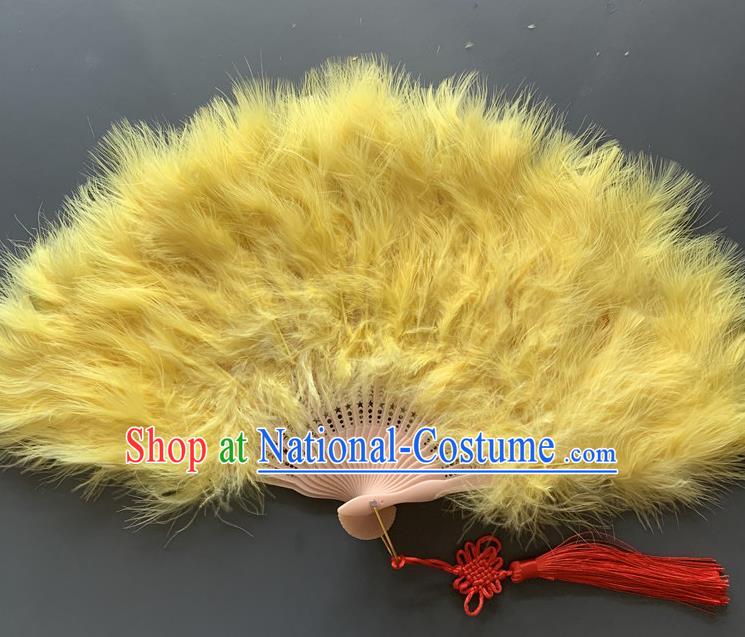 Handmade China Opera Performance Fan Folk Dance Folding Fan Traditional Yellow Feather Fans