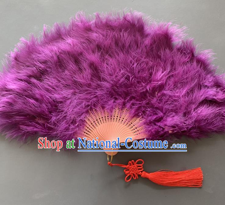 Handmade China Folk Dance Folding Fan Traditional Purple Feather Fans Opera Performance Fan