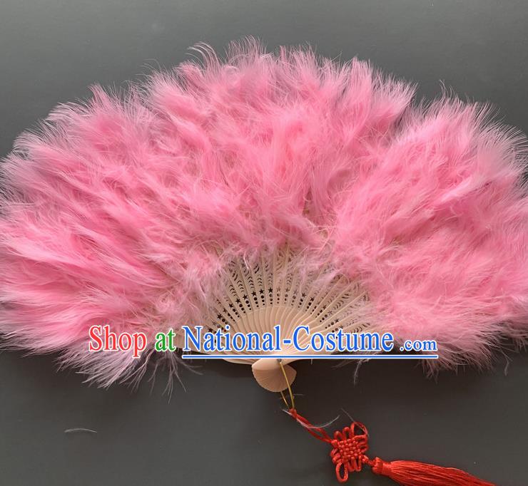 Handmade China Peking Opera Performance Fan Folk Dance Folding Fan Traditional Pink Feather Fans