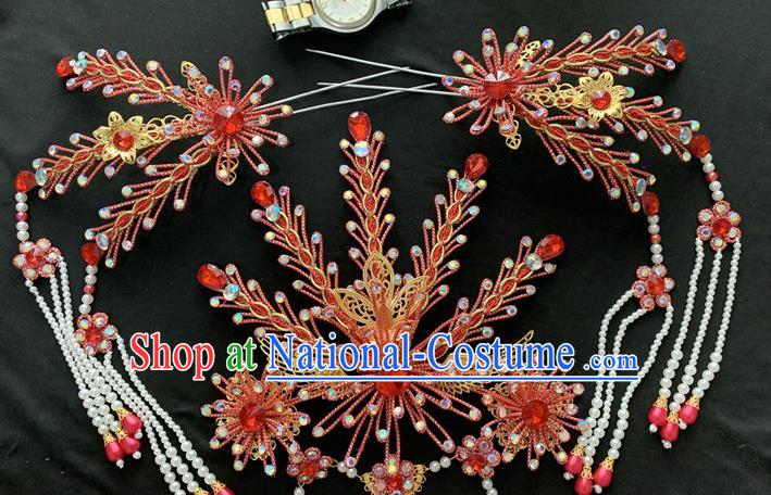 Chinese Peking Opera Hua Tan Hair Accessories Traditional Opera Queen Headpieces Beijing Opera Empress Red Phoenix Hair Crown and Hairpins