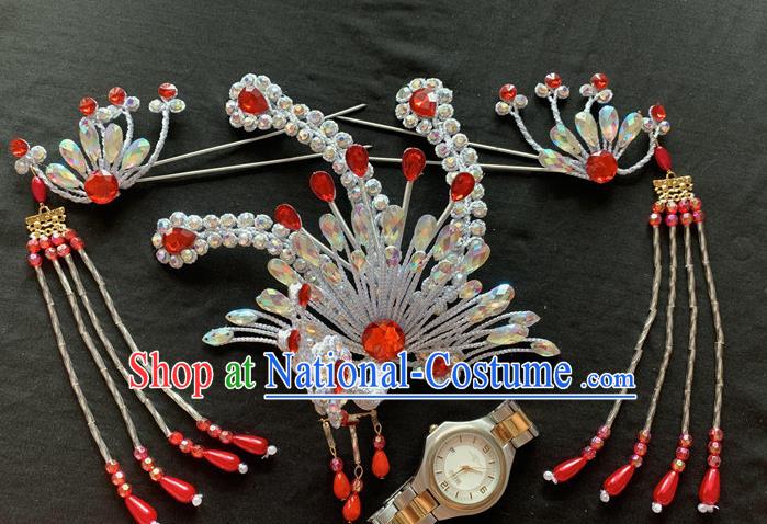 Chinese Traditional Opera Diva Headpieces Beijing Opera Princess Argent Phoenix Hair Crown and Hairpins Peking Opera Hua Tan Hair Accessories