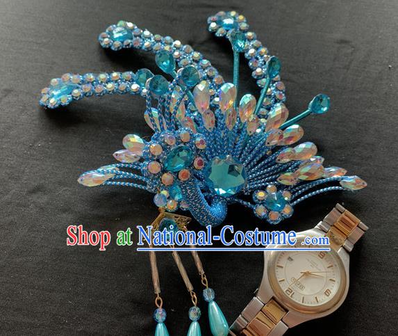 Chinese Peking Opera Hua Tan Hair Accessories Traditional Opera Diva Headpieces Beijing Opera Noble Lady Blue Phoenix Hair Crown and Hairpins