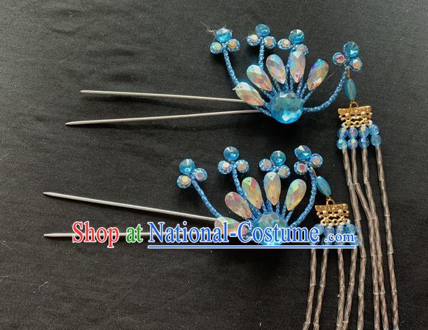 Chinese Peking Opera Hua Tan Hair Accessories Traditional Opera Diva Headpieces Beijing Opera Noble Lady Blue Phoenix Hair Crown and Hairpins