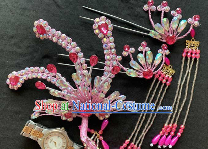 Chinese Beijing Opera Noble Lady Pink Phoenix Hair Crown and Hairpins Peking Opera Hua Tan Hair Accessories Traditional Opera Diva Headpieces