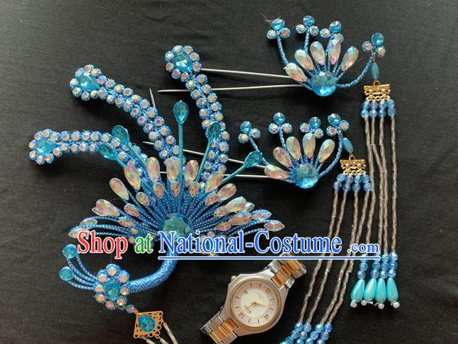 Chinese Peking Opera Hua Tan Hair Accessories Traditional Opera Diva Headpieces Beijing Opera Noble Lady Blue Phoenix Hair Crown and Hairpins